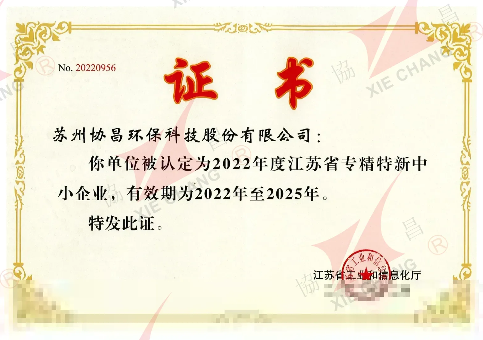 Сертификат специализированного и инновационного («Zhuan-Jing-Te-Xin») МСП провинции Цзянсу (2022-2025)