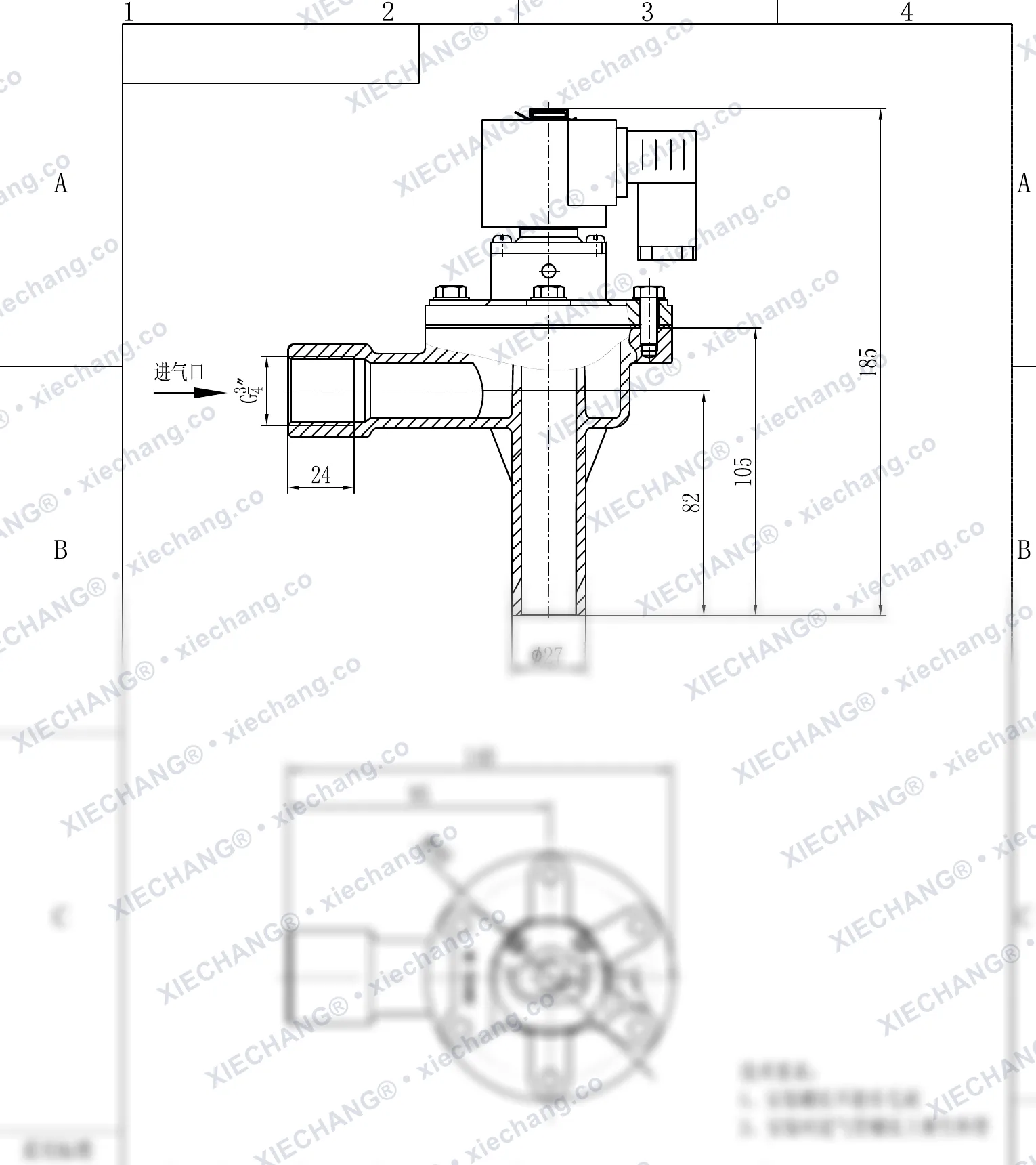 DCF-2L-B · 3/4" · угловой импульсный клапан (тип B) — Монтажный чертёж